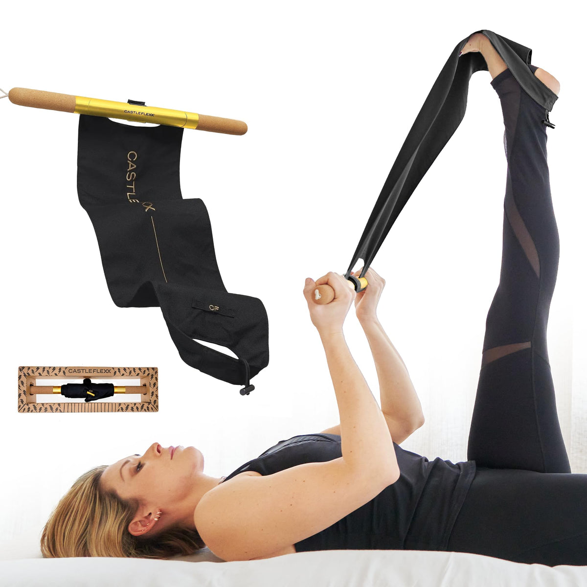 Non Elastic Stretch Strap with Cork Handles for Mobility Training