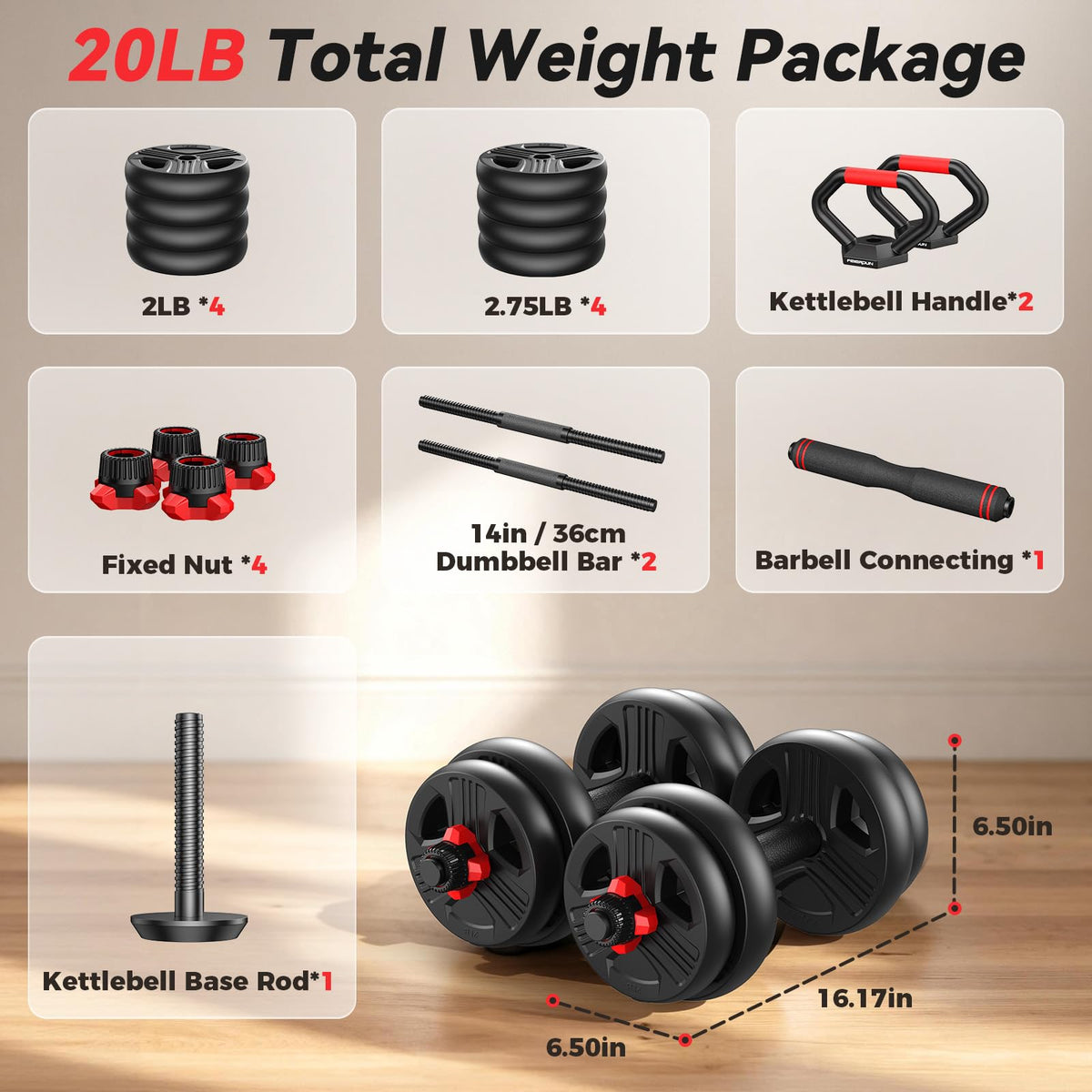 5 in 1 Adjustable Dumbbell Weight Set 20 to 90 lbs