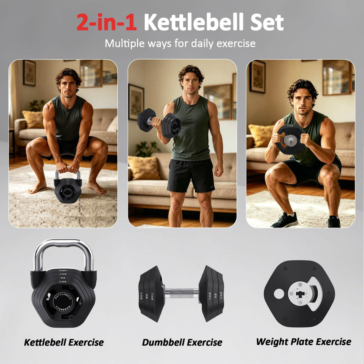 2 in 1 Adjustable Kettlebell Weight Set 15 to 45 lbs