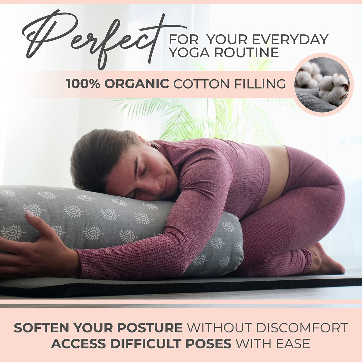 Cotton Yoga Bolster with Washable Cover and Carry Bag